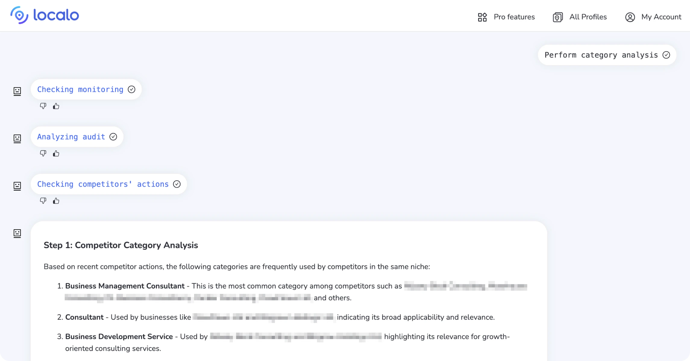 SCREENSHOT of the output after using the Perform category analysis prompt to show AI Agent using data from different sources without the need to feed it data manually