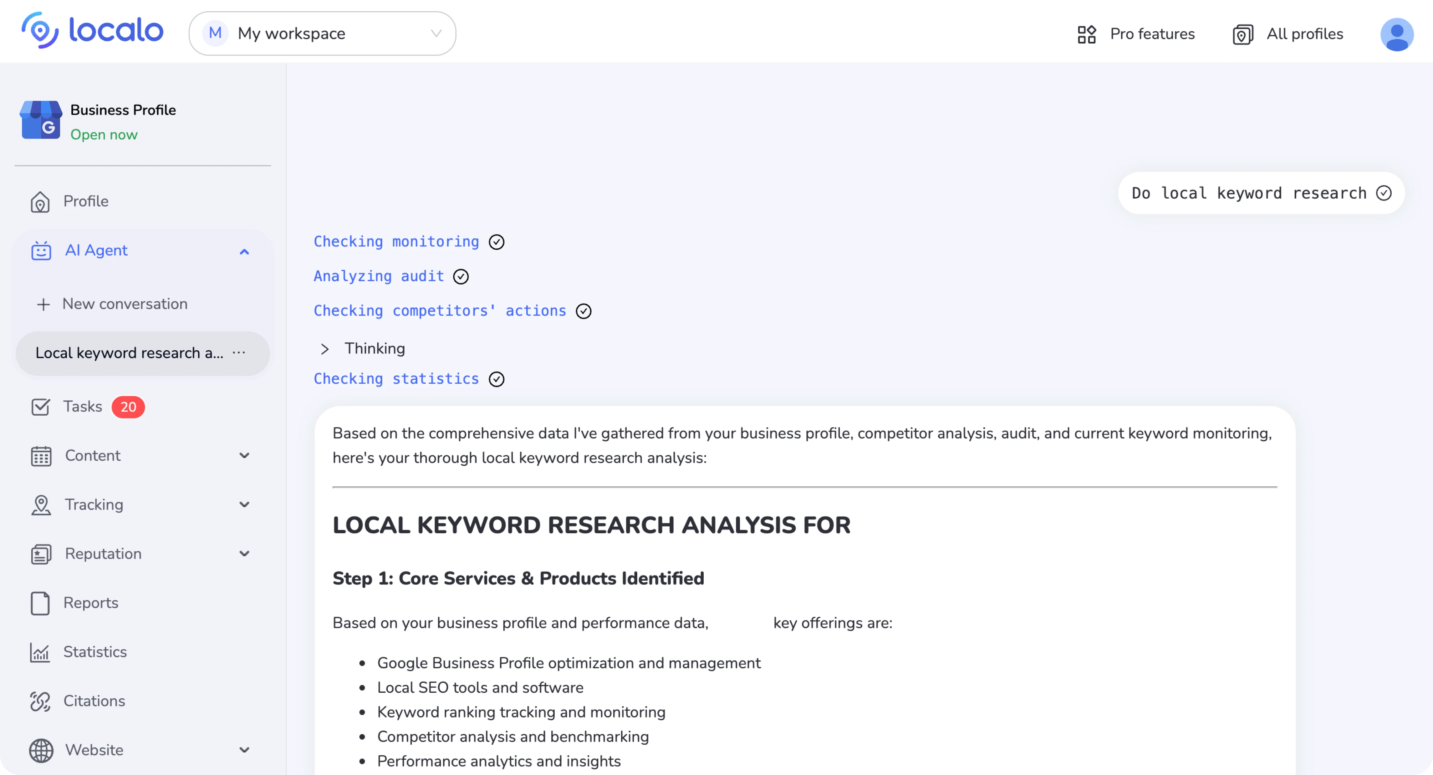 Localo KI-Agent führt Keyword-Recherche durch