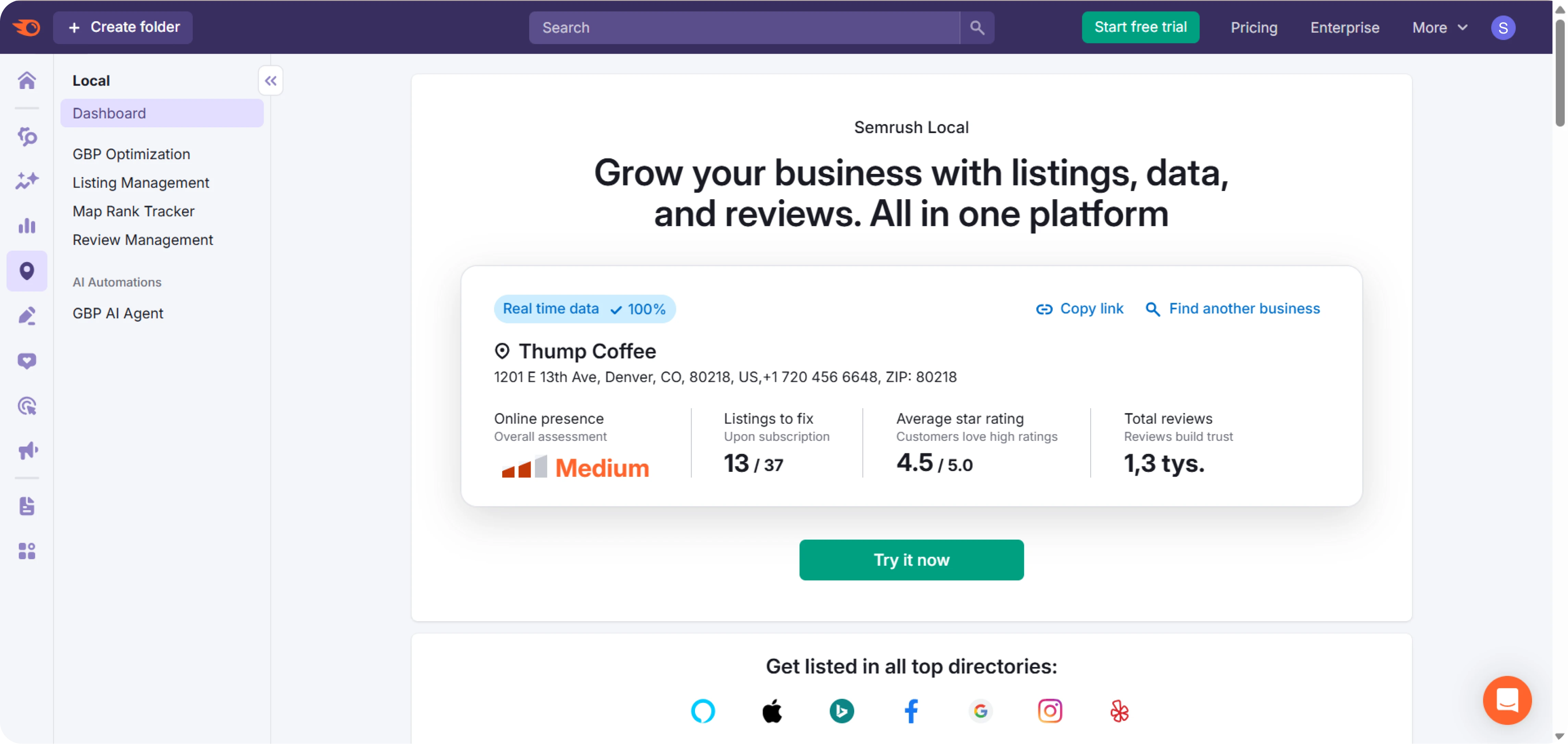 Ansicht des Semrush Local Dashboards