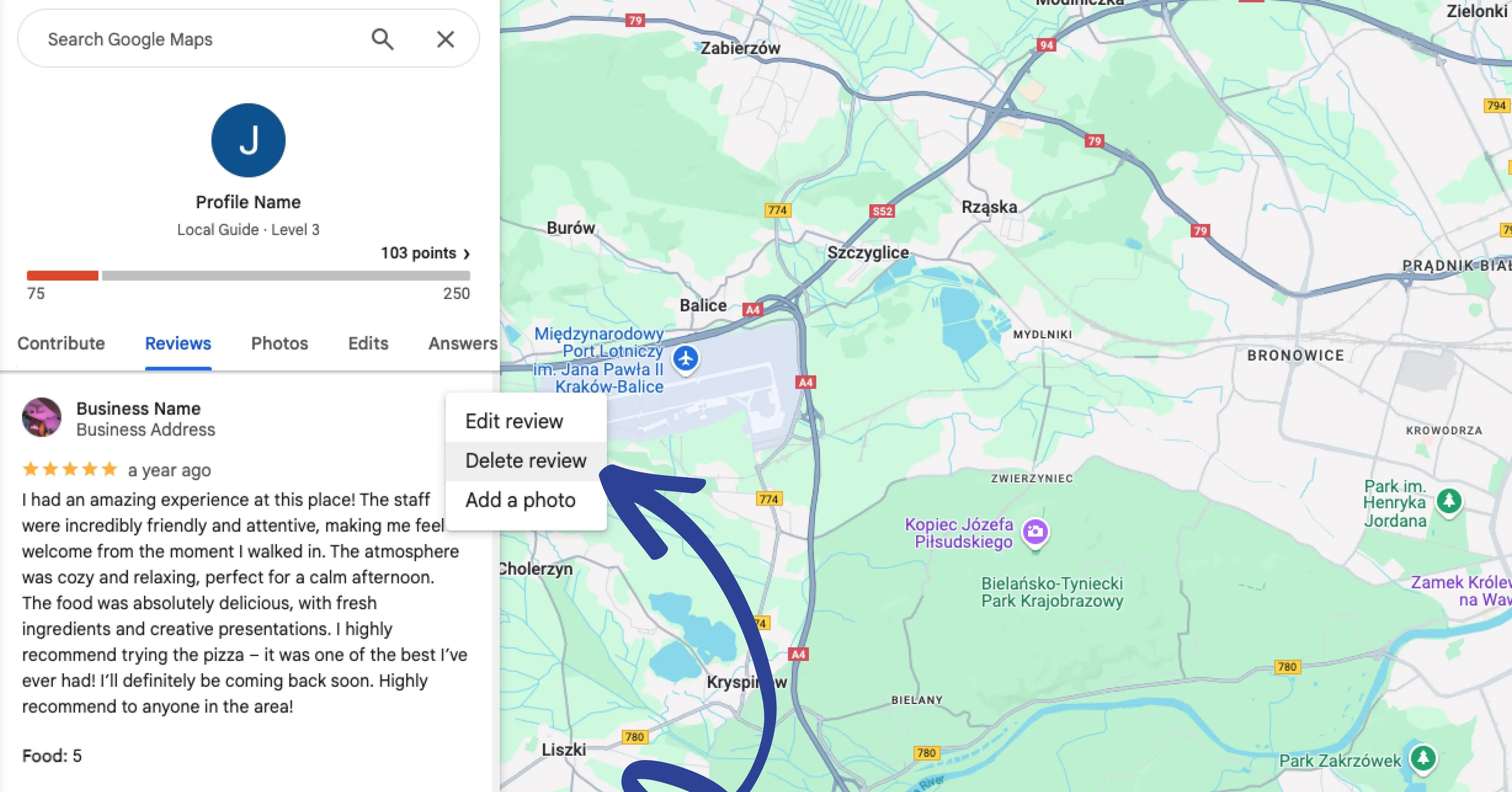 Bewertung bearbeiten oder löschen – Google Maps-Beitragsseite