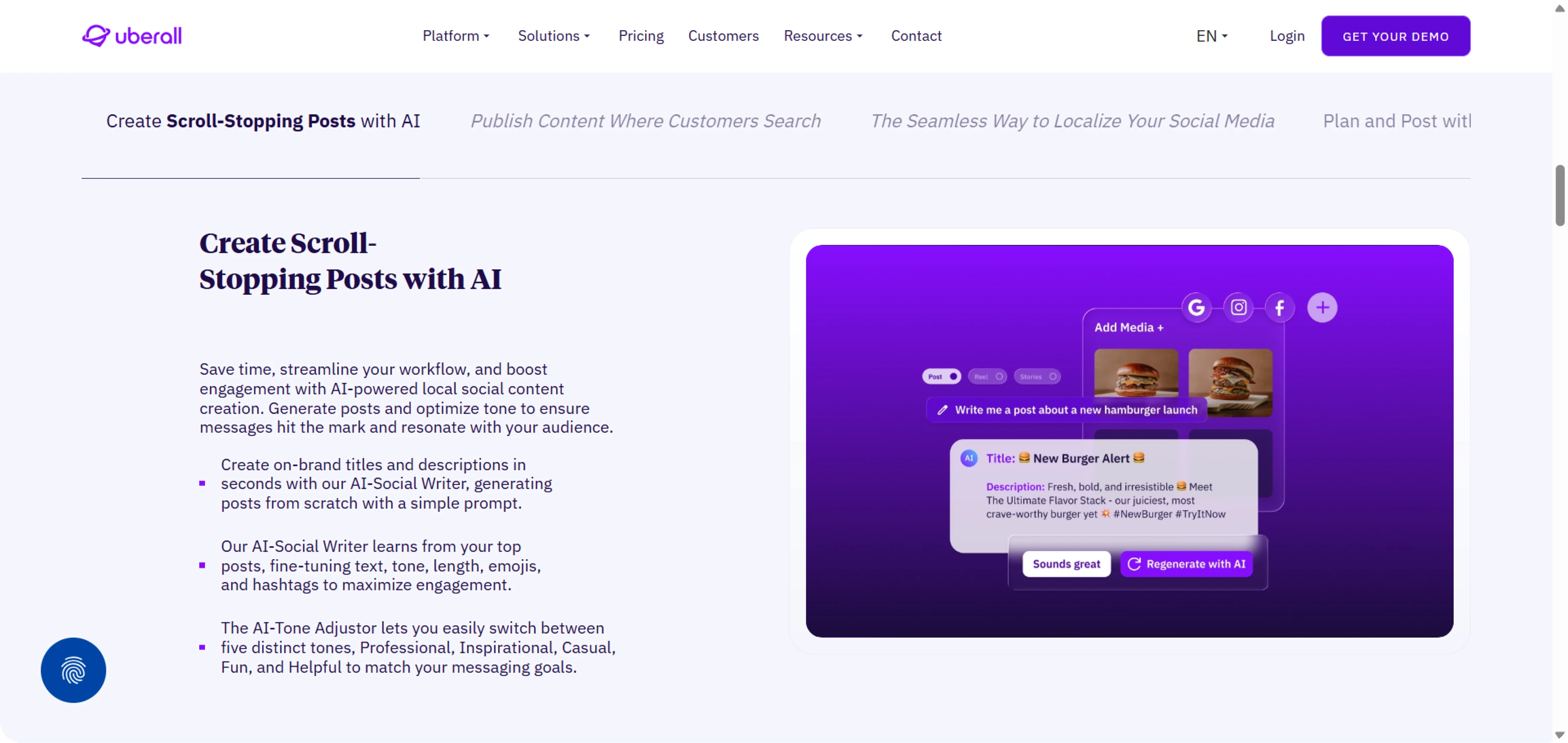 El sitio web de Uberall describe las funciones disponibles
