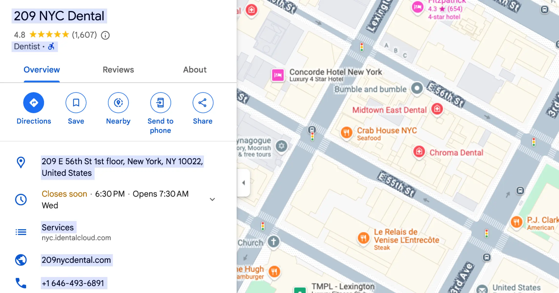 Captura de pantalla de un perfil de empresa de Google bien optimizado con elementos clave etiquetados, como el nombre de la empresa, la dirección, el número de teléfono, la categoría, el servicio, los productos y las descripciones de ofertas, publicaciones y fotos, que muestran qué revisar durante una auditoría