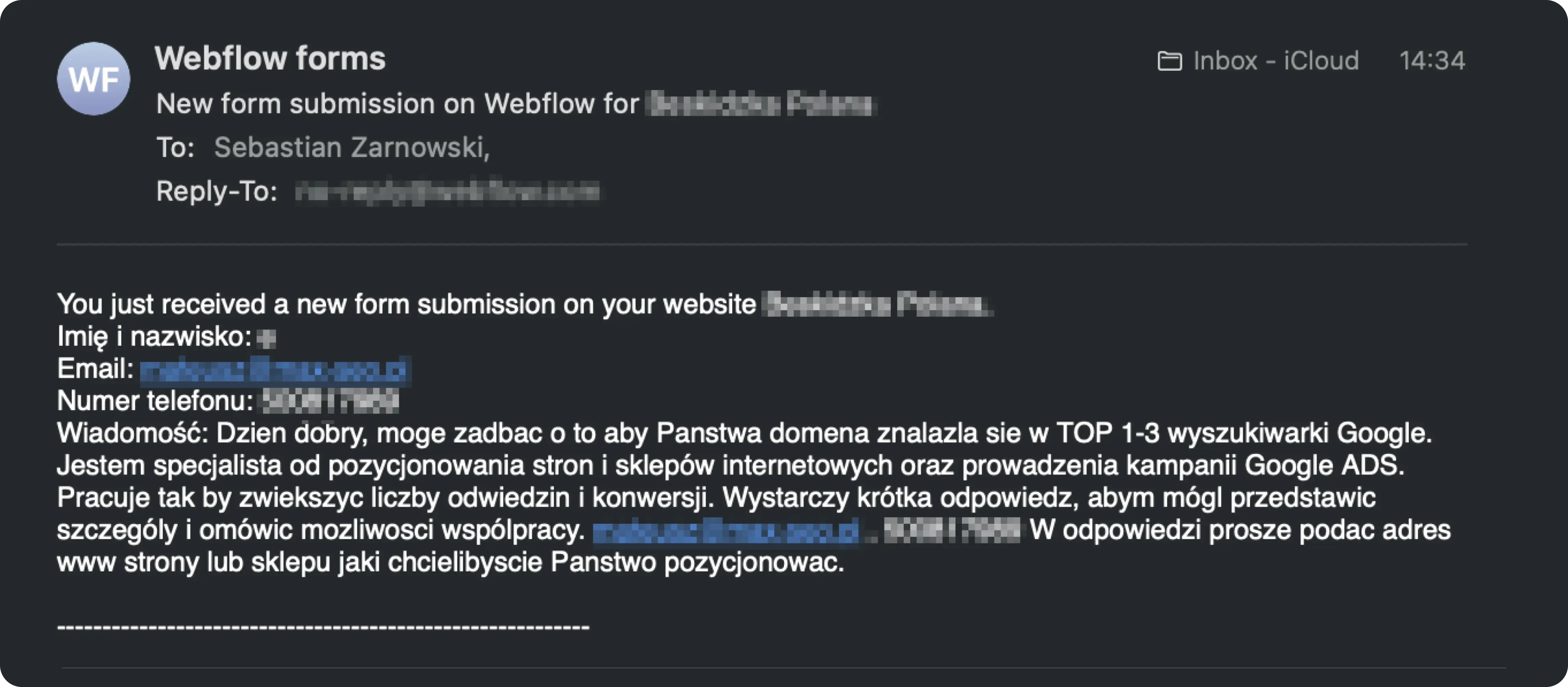 Captura de pantalla de un email frío de un freelancer usando jerga técnica de SEO como «dominio», «TOP 1-3» y «conversiones» que los dueños de negocios locales no entienden.