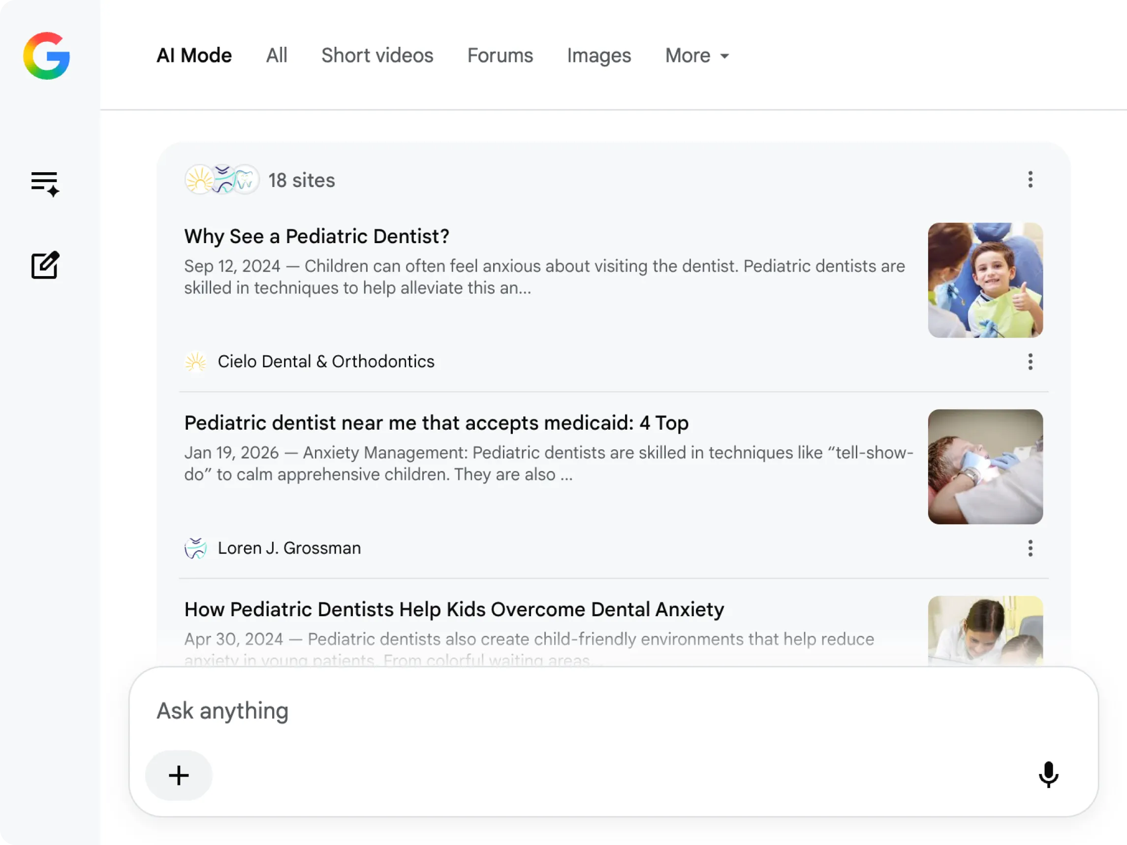 Panneau des sources citées dans Google AI Mode pour la même requête sur les dentistes pédiatriques. Trois des 18 sites cités sont visibles : « Why See a Pediatric Dentist? » de Cielo Dental & Orthodontics, « Pediatric dentist near me that accepts medicaid » de Loren J. Grossman, et un article sur l'aide aux enfants pour surmonter l'anxiété dentaire.