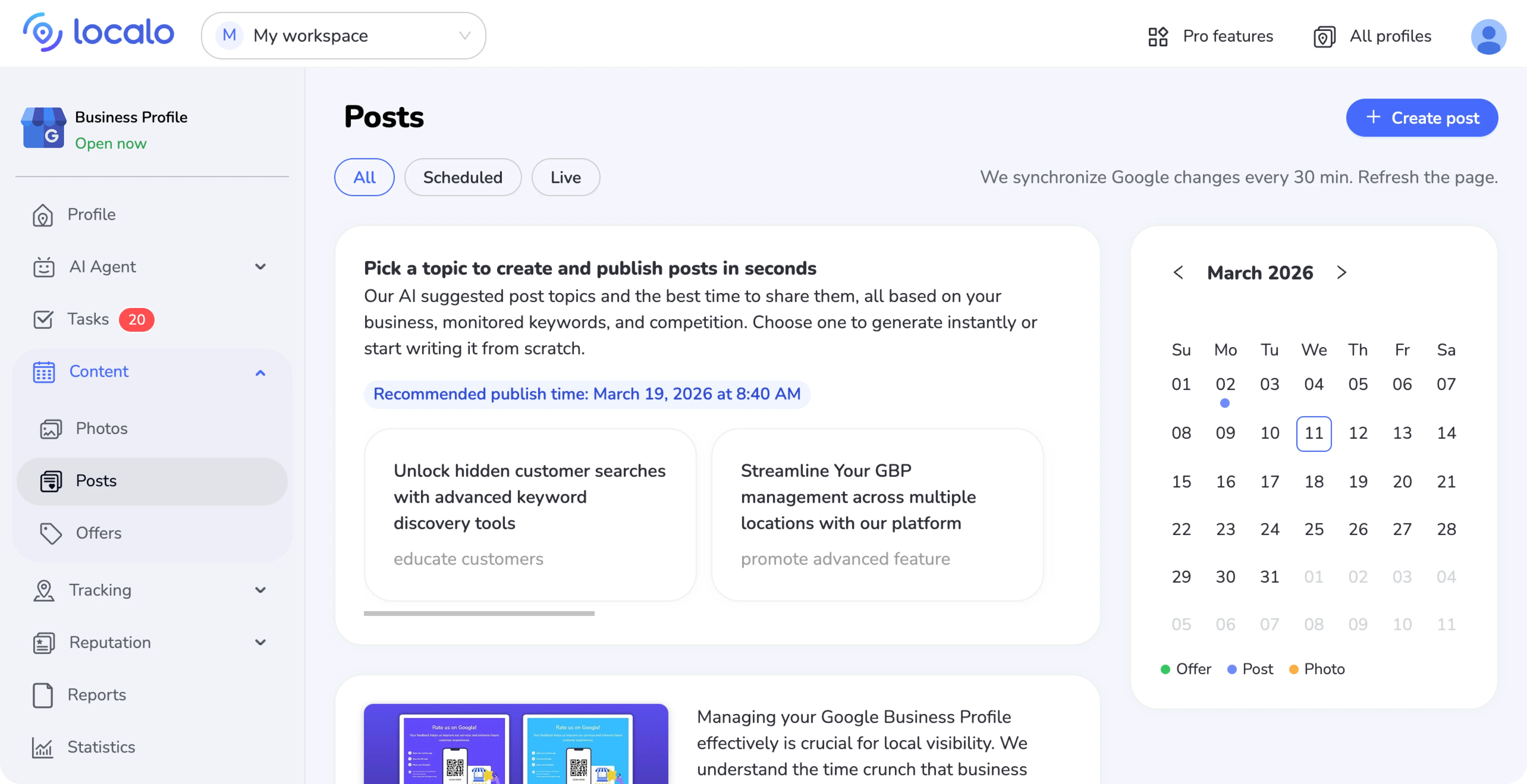 Content Publisher de Localo avec des suggestions de sujets automatiques et la planification des publications