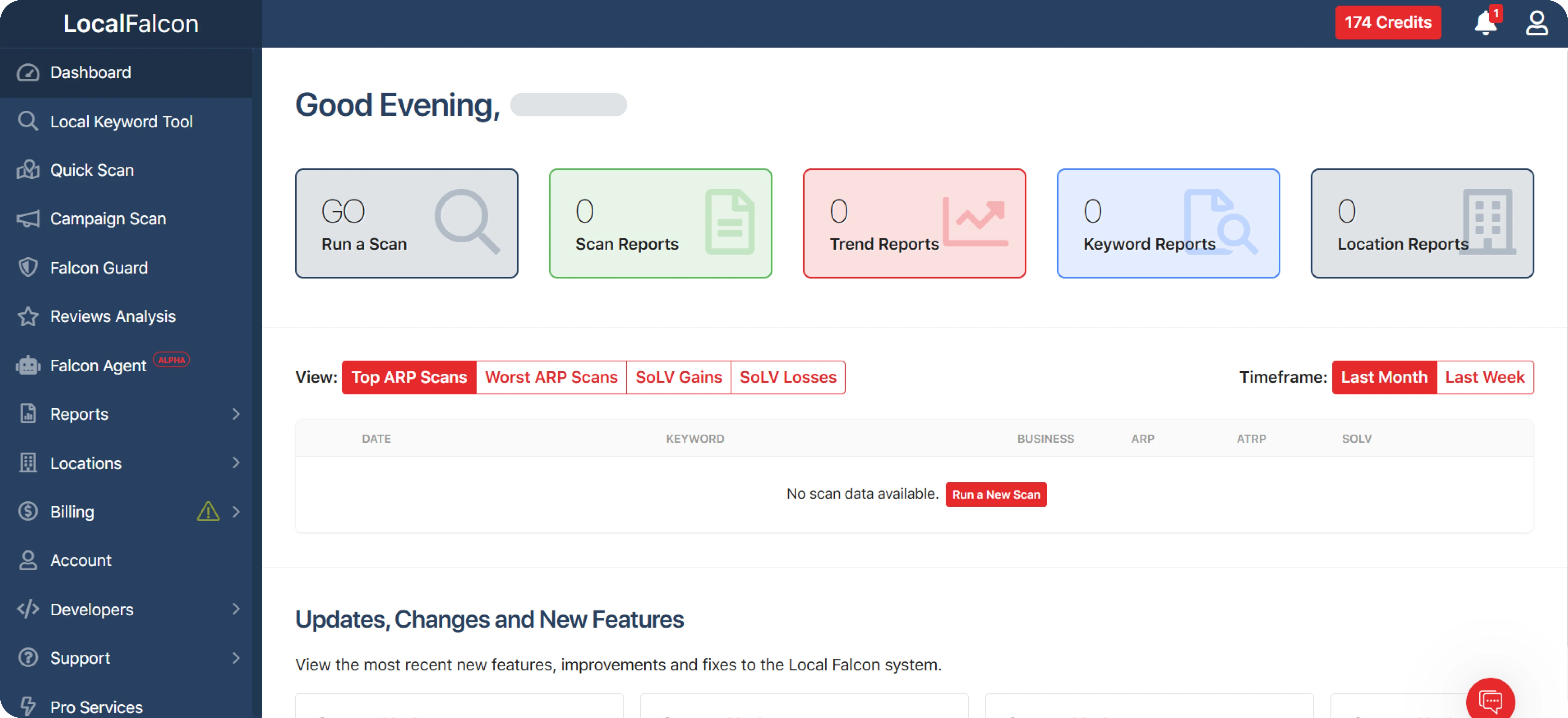 Aperçu du dashboard principal de Local Falcon