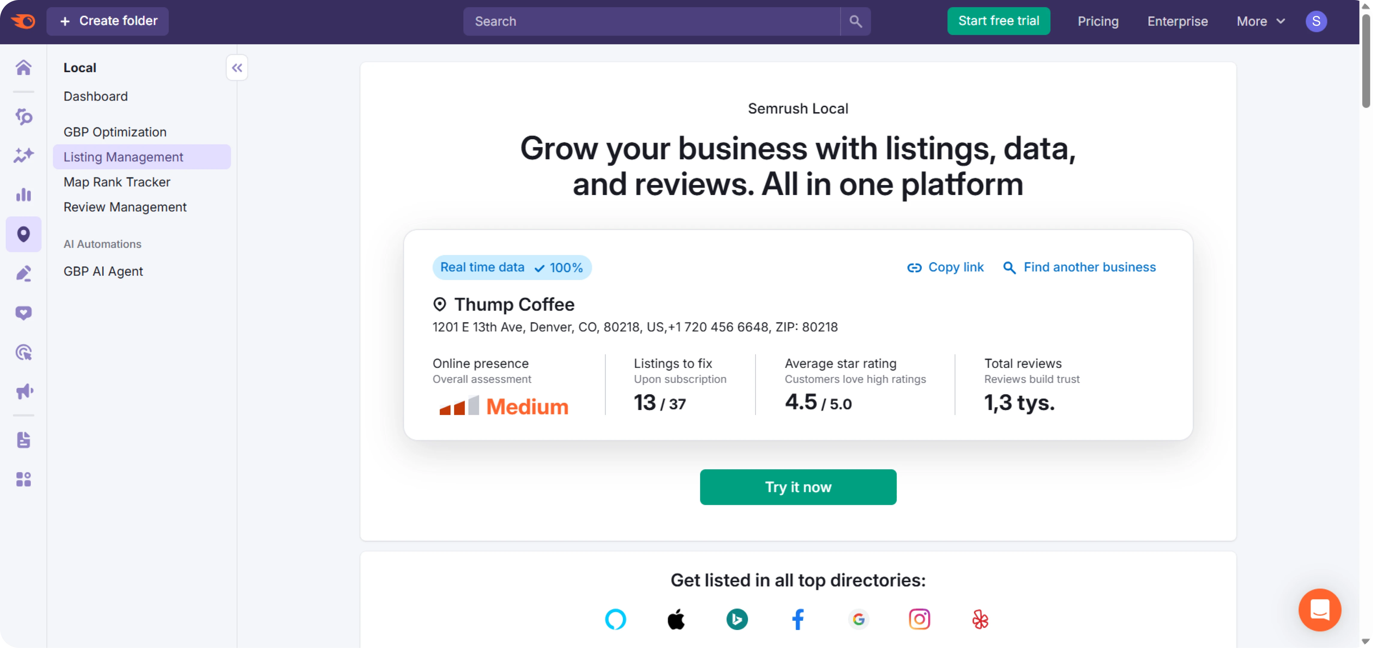 Dashboard de gestion des annuaires dans Semrush Local