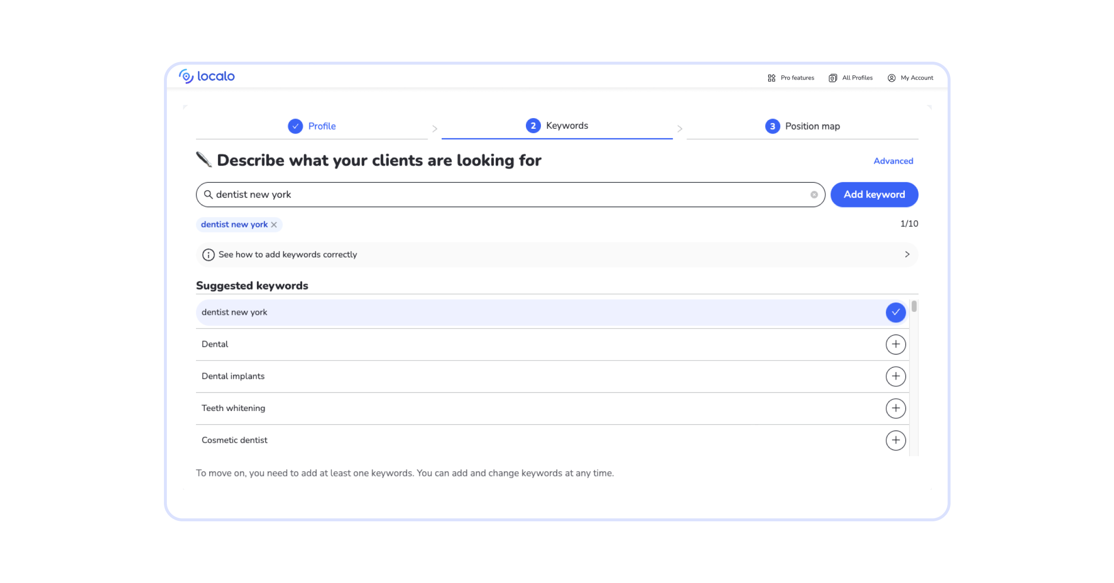 suggestions de mots-clés locaux dans Localo