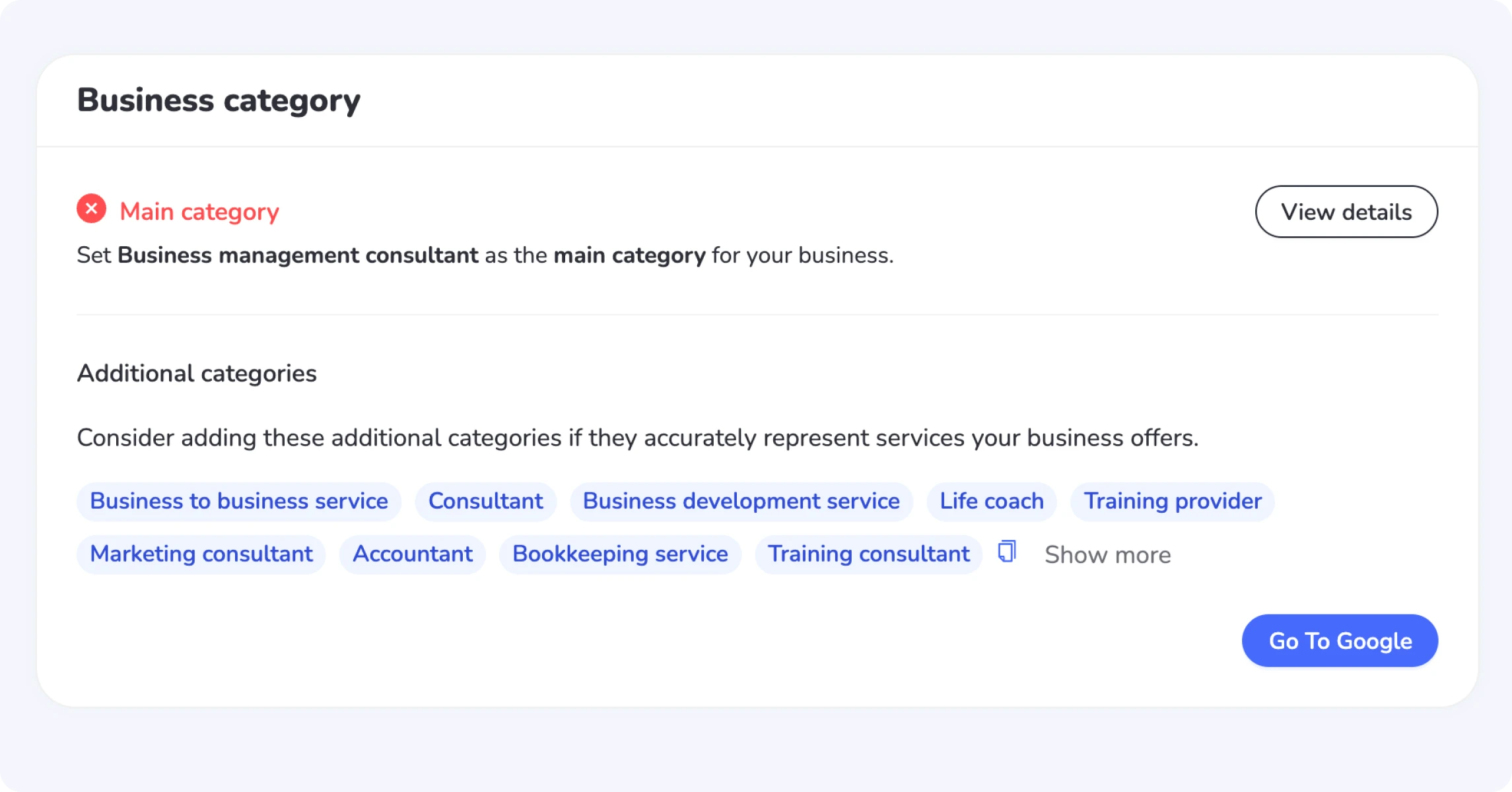 SCREENSHOT of Localo's Audit -> Category dashboard
