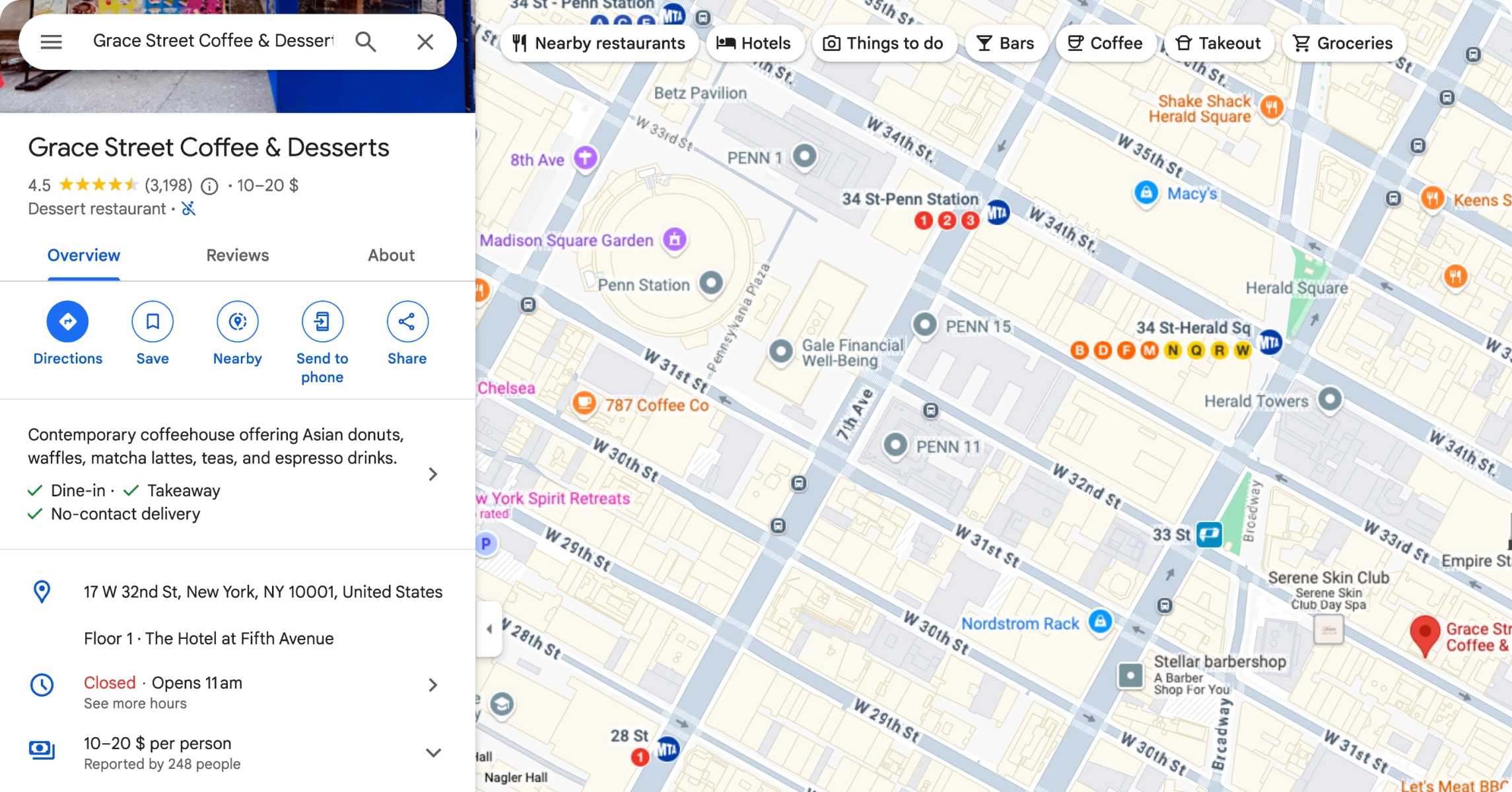 Une capture d'écran d'un panneau de connaissance pour le café Grace Street Coffee & Dessert à Koreatown, New York