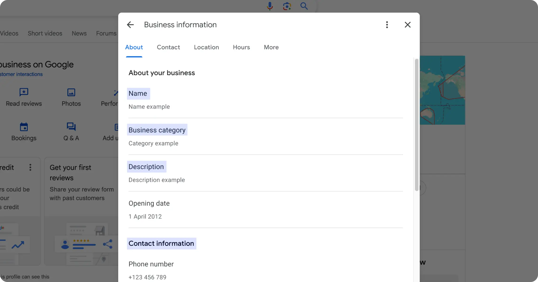 Panel informacji o firmie w wizytówce Google (zakładki: Informacje, Kontakt, Lokalizacja, Godziny) z polami do sprawdzenia podczas audytu: nazwa firmy, kategoria działalności, opis, data otwarcia i dane kontaktowe